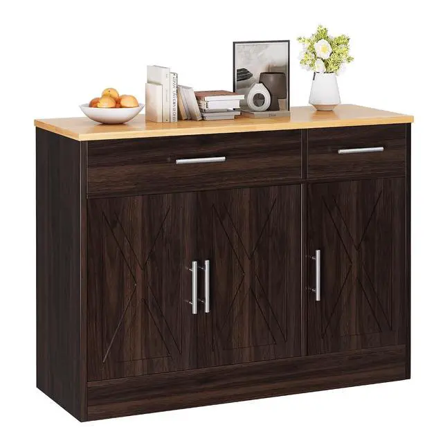 Alt view image 7 of 7 - Sideboard Buffet Cabinet with Storage, 43 Farmhouse Coffee Bar Storage Cabinet with Drawers and Shelves, Modern Buffet Table for Kitchen, Dining Room, Rustic Brown