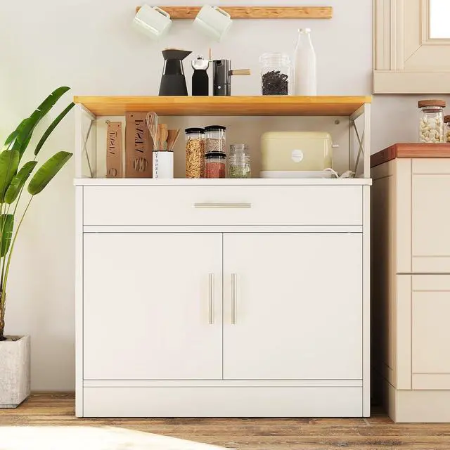 Alt view image 7 of 7 - Coffee Bar Cabinet, Farmhouse Kitchen Storage Cabinet with Adjustable Shelf, 31 Modern Sideboard Buffet Table for Kitchen, Dining Room, White