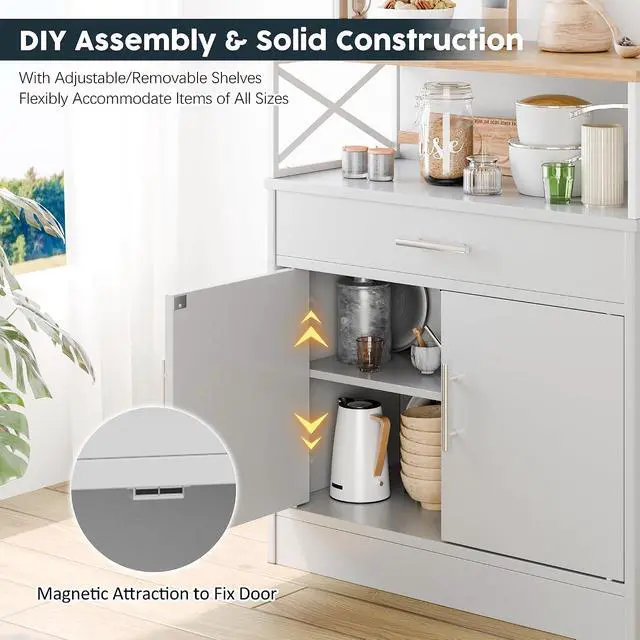 Alt view image 6 of 7 - Coffee Bar Cabinet, Farmhouse Kitchen Storage Cabinet with Adjustable Shelf, 31 Modern Sideboard Buffet Table for Kitchen, Dining Room, White