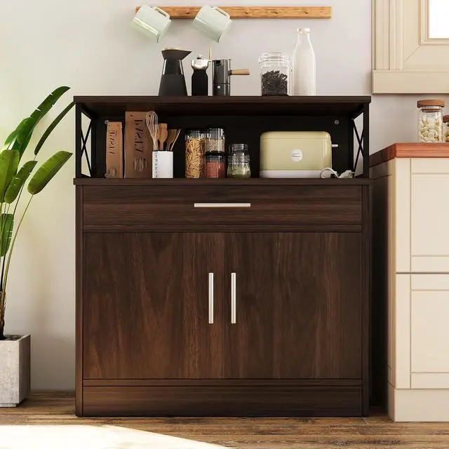 Alt view image 2 of 7 - Coffee Bar Cabinet, Farmhouse Kitchen Storage Cabinet with Adjustable Shelf, 31 Modern Sideboard Buffet Table for Kitchen, Dining Room, Rustic Brown
