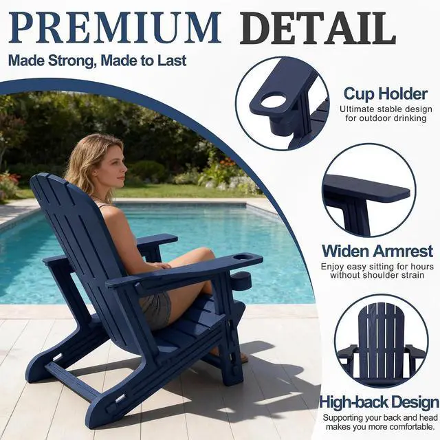 Alt view image 4 of 7 - Adirondack Chairs Set of 2 with Removable Tabletop, Outdoor HDPE Plastic Fire Pit Chair Set with Wooden Textured, Cup Holder for Patio, Poolside, Deck, Garden, Dark Blue, 3 Pieces
