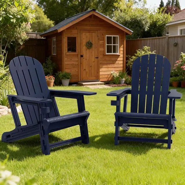 Alt view image 3 of 7 - Adirondack Chairs Set of 2 with Removable Tabletop, Outdoor HDPE Plastic Fire Pit Chair Set with Wooden Textured, Cup Holder for Patio, Poolside, Deck, Garden, Dark Blue, 3 Pieces