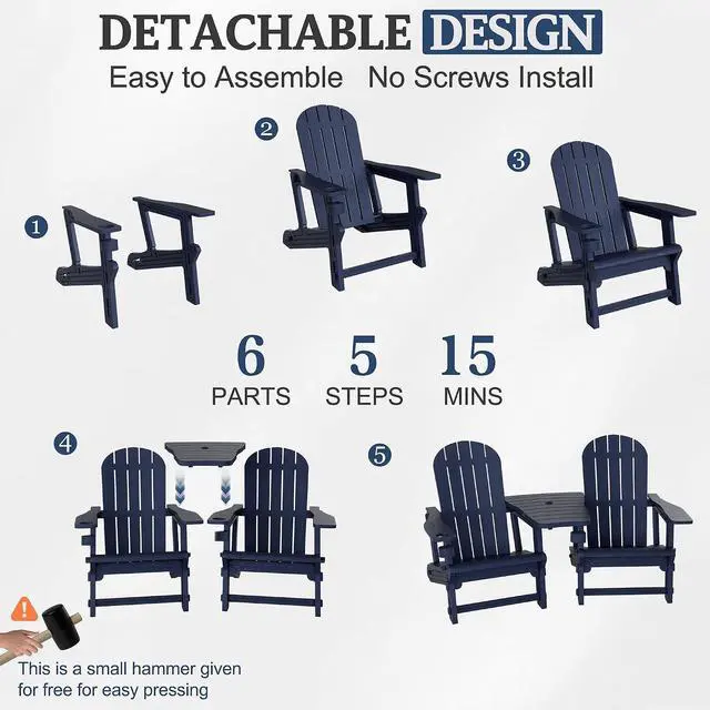 Alt view image 5 of 7 - Adirondack Chairs Set of 2 with Removable Tabletop, Outdoor HDPE Plastic Fire Pit Chair Set with Wooden Textured, Cup Holder for Patio, Poolside, Deck, Garden, Dark Blue, 3 Pieces