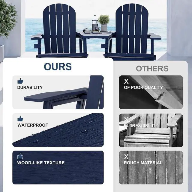 Alt view image 6 of 7 - Adirondack Chairs Set of 2 with Removable Tabletop, Outdoor HDPE Plastic Fire Pit Chair Set with Wooden Textured, Cup Holder for Patio, Poolside, Deck, Garden, Dark Blue, 3 Pieces