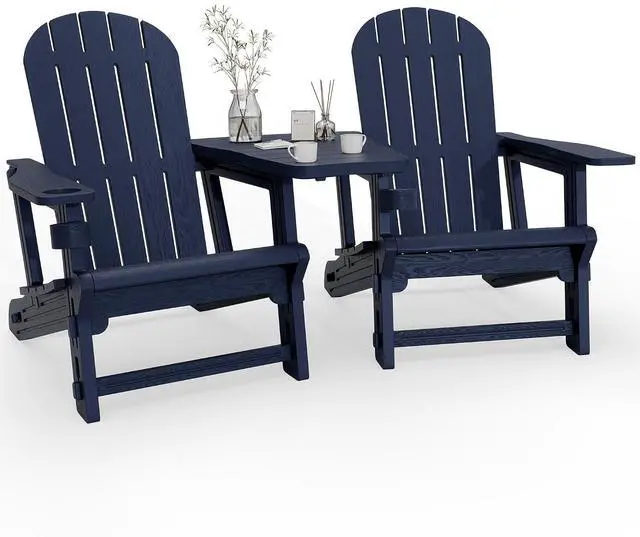 Alt view image 7 of 7 - Adirondack Chairs Set of 2 with Removable Tabletop, Outdoor HDPE Plastic Fire Pit Chair Set with Wooden Textured, Cup Holder for Patio, Poolside, Deck, Garden, Dark Blue, 3 Pieces