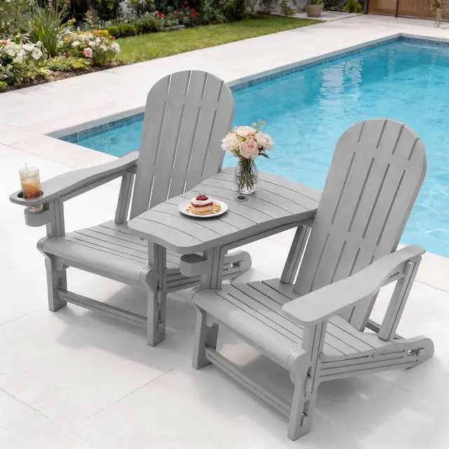 Main image of Adirondack Chairs Set of 2 with Removable Tabletop, Outdoor HDPE Plastic Fire Pit Chair Set with Wooden Textured, Cup Holder for Patio, Poolside, Deck, Garden, Light Grey, 3 Pieces