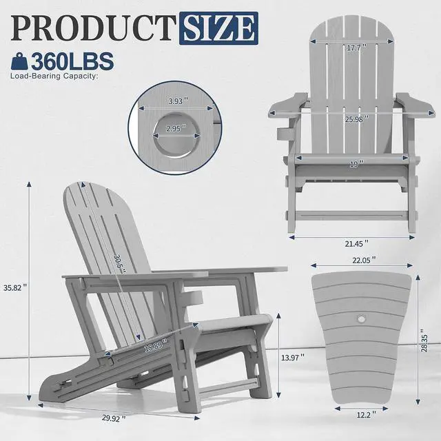 Alt view image 2 of 7 - Adirondack Chairs Set of 2 with Removable Tabletop, Outdoor HDPE Plastic Fire Pit Chair Set with Wooden Textured, Cup Holder for Patio, Poolside, Deck, Garden, Light Grey, 3 Pieces