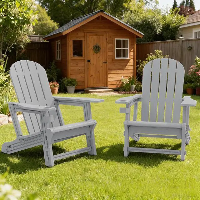 Alt view image 3 of 7 - Adirondack Chairs Set of 2 with Removable Tabletop, Outdoor HDPE Plastic Fire Pit Chair Set with Wooden Textured, Cup Holder for Patio, Poolside, Deck, Garden, Light Grey, 3 Pieces
