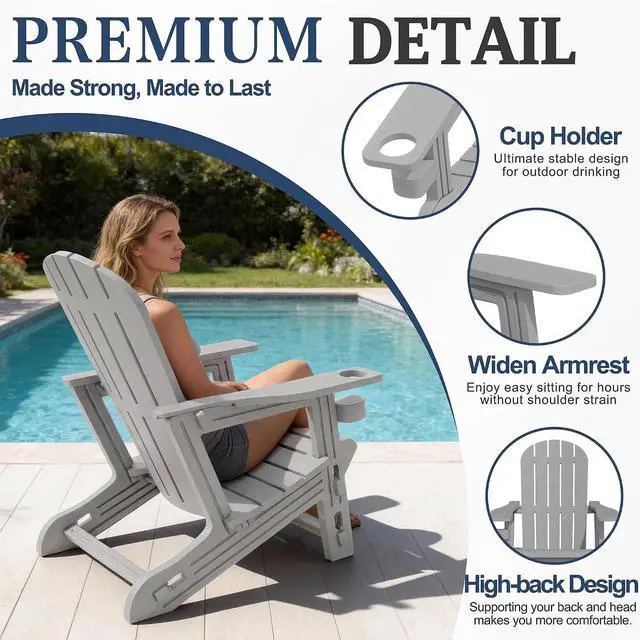 Alt view image 4 of 7 - Adirondack Chairs Set of 2 with Removable Tabletop, Outdoor HDPE Plastic Fire Pit Chair Set with Wooden Textured, Cup Holder for Patio, Poolside, Deck, Garden, Light Grey, 3 Pieces