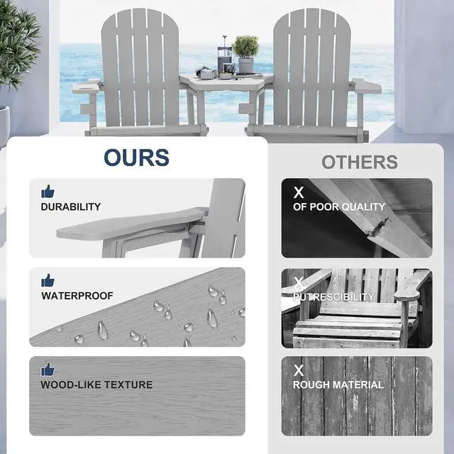 Alt view image 5 of 7 - Adirondack Chairs Set of 2 with Removable Tabletop, Outdoor HDPE Plastic Fire Pit Chair Set with Wooden Textured, Cup Holder for Patio, Poolside, Deck, Garden, Light Grey, 3 Pieces