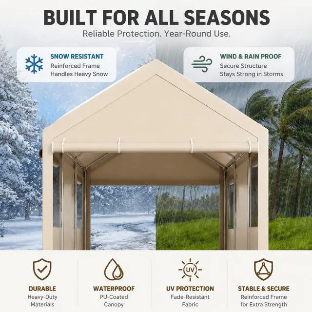 Alt view image 6 of 7 - 12x20 FT Heavy Duty Carport Canopy, All-Weather Vehicle Shelter & Portable Garage Tent for SUV, Truck, Boat - Waterproof Car Canopy with Roll-Up Ventilation Windows & Removable Sidewalls, Khaki