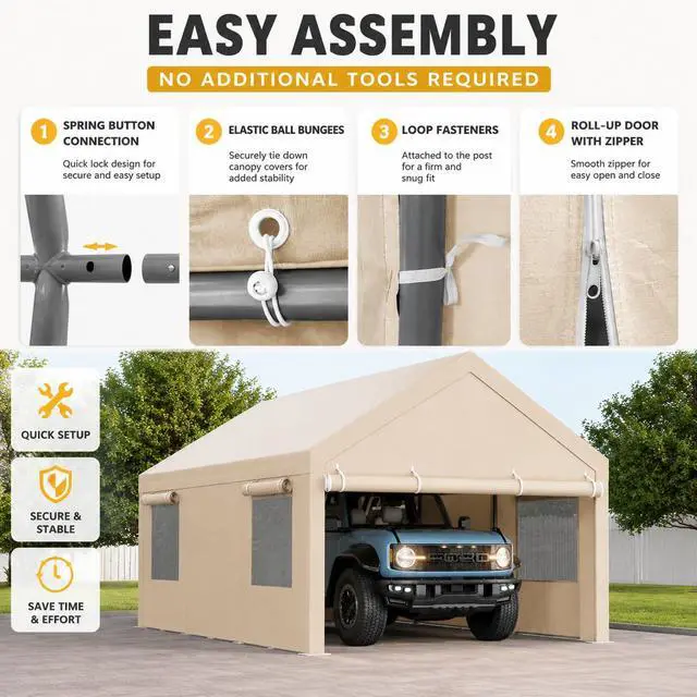 Alt view image 7 of 7 - 12x20 FT Heavy Duty Carport Canopy, All-Weather Vehicle Shelter & Portable Garage Tent for SUV, Truck, Boat - Waterproof Car Canopy with Roll-Up Ventilation Windows & Removable Sidewalls, Khaki