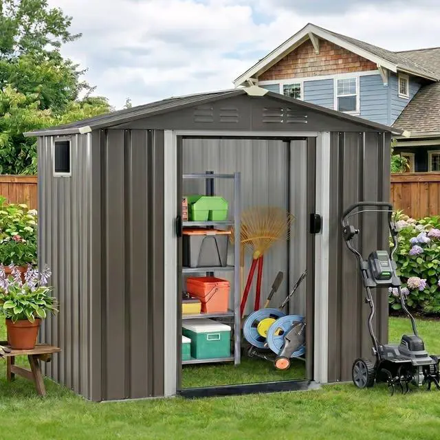 Alt view image 2 of 7 - 6x4 FT Outdoor Storage Shed, Metal Graden Shed with Window and Lockable Door, All-Weather Tool Shed for Backyard Garden Patio Lawn, Grey