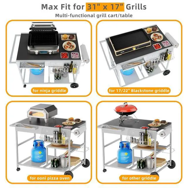 Alt view image 4 of 7 - Pizza Oven Table with Topping Station, Patio Kitchen Island Outdoor Bar Cart, Outdoor Grill Cart with Storage for Blackstone Grill Ooni Pizza Ovens