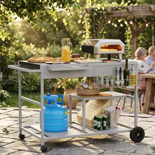 Alt view image 7 of 7 - Pizza Oven Table with Topping Station, Patio Kitchen Island Outdoor Bar Cart, Outdoor Grill Cart with Storage for Blackstone Grill Ooni Pizza Ovens