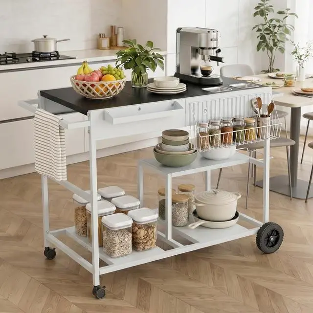 Main image of Mobile Kitchen Island with Storage, Rolling Metal Kitchen Cart on Wheels with 3 Shelves, Island Table Microwave Stand Coffee Bar for Kitchen, Dining