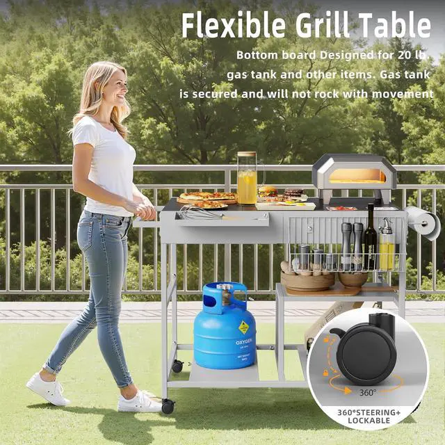 Alt view image 6 of 7 - Pizza Oven Table with Topping Station, Patio Kitchen Island Outdoor Bar Cart, Outdoor Grill Cart with Storage for Blackstone Grill Ooni Pizza Ovens
