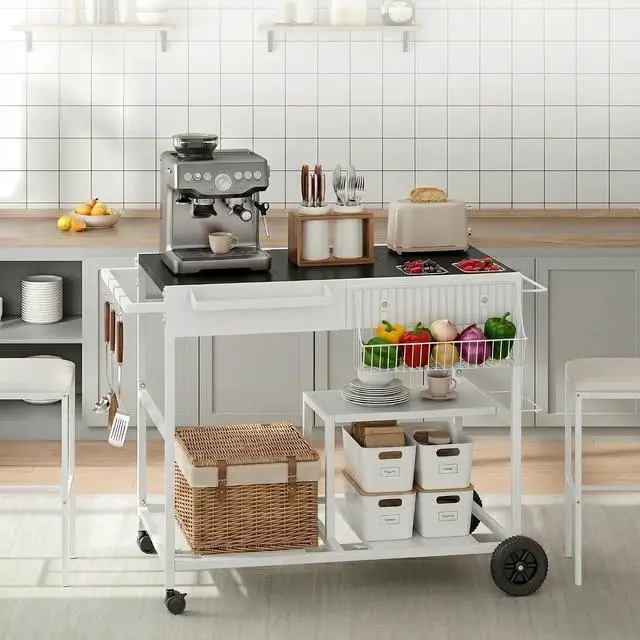 Alt view image 2 of 6 - Mobile Kitchen Island with Storage, Rolling Metal Kitchen Cart on Wheels with 3 Shelves, Island Table Microwave Stand Coffee Bar for Kitchen, Dining