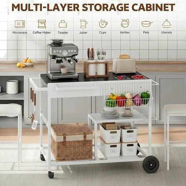 Alt view image 4 of 6 - Mobile Kitchen Island with Storage, Rolling Metal Kitchen Cart on Wheels with 3 Shelves, Island Table Microwave Stand Coffee Bar for Kitchen, Dining
