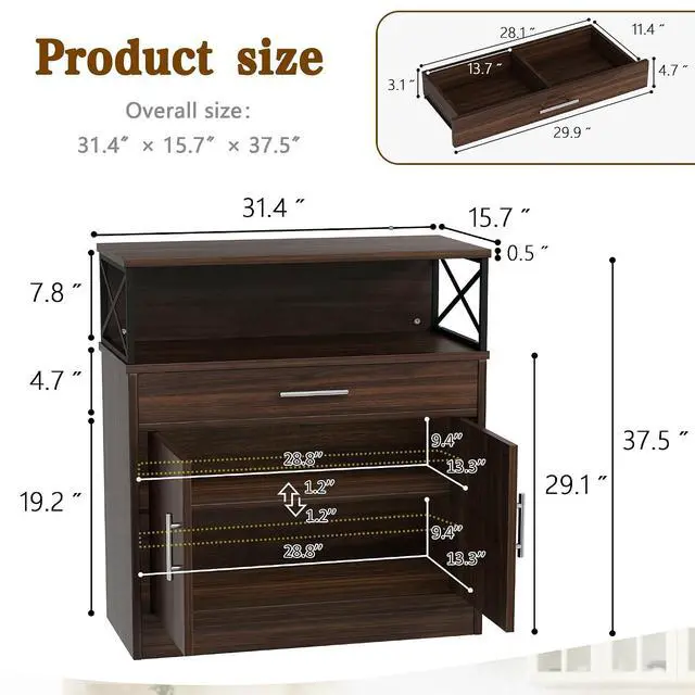 Alt view image 3 of 7 - Coffee Bar Cabinet, Farmhouse Kitchen Storage Cabinet with Adjustable Shelf, 31 Modern Sideboard Buffet Table for Kitchen, Dining Room, Rustic Brown