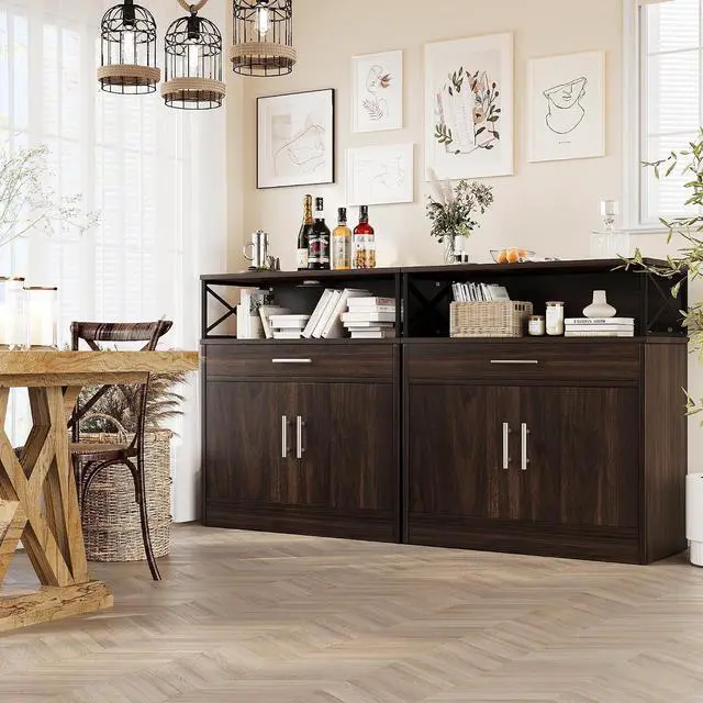 Alt view image 4 of 7 - Coffee Bar Cabinet, Farmhouse Kitchen Storage Cabinet with Adjustable Shelf, 31 Modern Sideboard Buffet Table for Kitchen, Dining Room, Rustic Brown