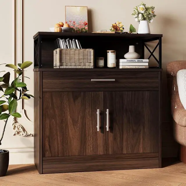 Alt view image 7 of 7 - Coffee Bar Cabinet, Farmhouse Kitchen Storage Cabinet with Adjustable Shelf, 31 Modern Sideboard Buffet Table for Kitchen, Dining Room, Rustic Brown