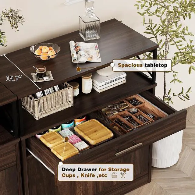 Alt view image 5 of 7 - Coffee Bar Cabinet, Farmhouse Kitchen Storage Cabinet with Adjustable Shelf, 31 Modern Sideboard Buffet Table for Kitchen, Dining Room, Rustic Brown