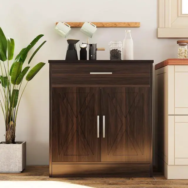 Alt view image 2 of 7 - Sideboard Buffet Cabinet with Storage, Modern Kitchen Storage Cabinet with 1 Drawer and 2 Doors, Wood Coffee Bar Buffet Table for Kitchen, Dining Room, Rustic Brown