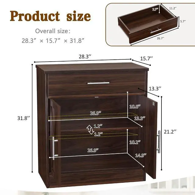 Alt view image 3 of 7 - Sideboard Buffet Cabinet with Storage, Modern Kitchen Storage Cabinet with 1 Drawer and 2 Doors, Wood Coffee Bar Buffet Table for Kitchen, Dining Room, Rustic Brown