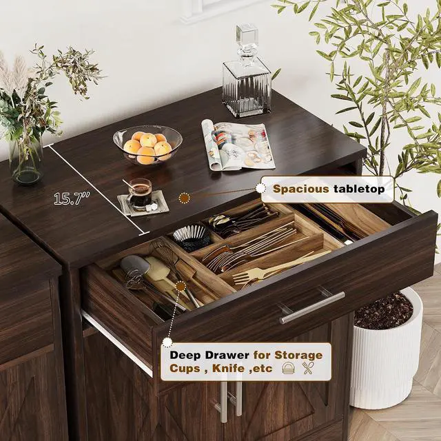 Alt view image 5 of 7 - Sideboard Buffet Cabinet with Storage, Modern Kitchen Storage Cabinet with 1 Drawer and 2 Doors, Wood Coffee Bar Buffet Table for Kitchen, Dining Room, Rustic Brown