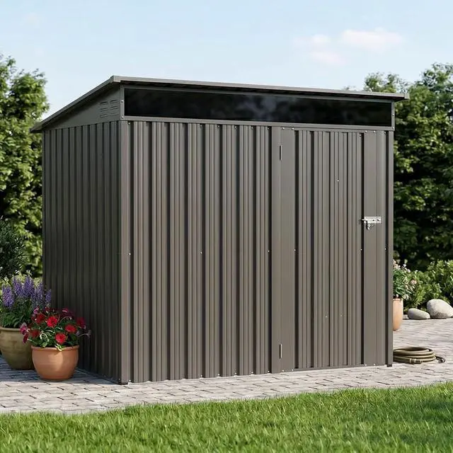 Alt view image 2 of 7 - 6x4 FT Outdoor Storage Shed, Metal Lean to Shed with Window and Lockable Door, All-Weather Graden Tool Shed for Backyard Garden Patio Lawn, Dark Grey