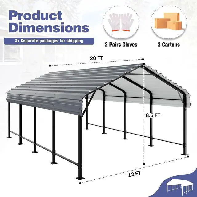 Alt view image 2 of 7 - 12x20FT Heavy Duty Metal Carport, Galvanized Steel Car Tent Shelter with Anti-Rust Coating, Outdoor Storage Shed Vehicle Canopy for Cars/Trucks/RVs, Easy Assembly Weatherproof Garage