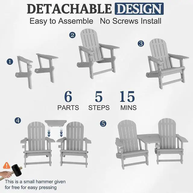 Alt view image 6 of 7 - Adirondack Chairs Set of 2 with Removable Tabletop, Outdoor HDPE Plastic Fire Pit Chair Set with Wooden Textured, Cup Holder for Patio, Poolside, Deck, Garden, Light Grey, 3 Pieces