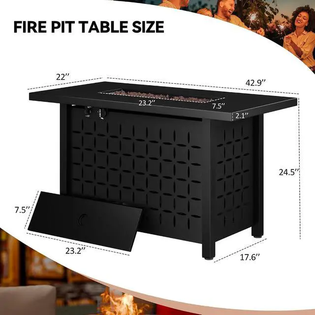 Alt view image 3 of 7 - 43" Gas Fire Pit for Outside, 50,000 BTU Outdoor Propane Fire Pit Table with Lid & Lava Rock, Steel Rectangular Fire Table for Patio, Backyard, Deck, Garden, Black