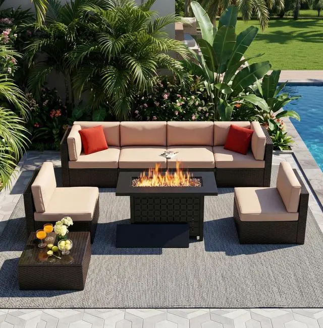 Alt view image 6 of 7 - 8 Pieces Patio Furniture Set with 43" Fire Pit, Outdoor Couch Sectional Set, Small Conversation Set, 50,000 BTU Gas Fire Pit Propane Fire Table with Lid, Beige