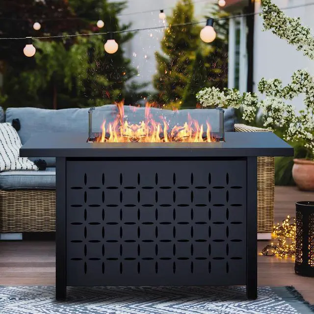 Alt view image 3 of 7 - 8 Pieces Patio Furniture Set with 43" Fire Pit, Outdoor Couch Sectional Set, Small Conversation Set, 50,000 BTU Gas Fire Pit Propane Fire Table with Lid, Beige