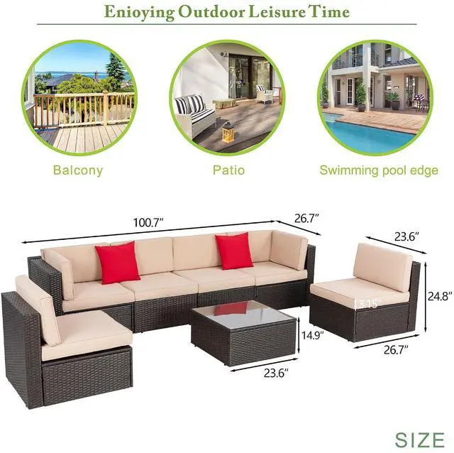 Alt view image 3 of 7 - 7 Pieces Patio Furniture Sets, Outdoor Patio Conversation Set PE Rattan Wicker Sectional Sofa Couch with Glass Coffee Table for Garden, Poolside, Backyard, Beige