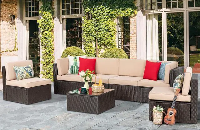 Alt view image 2 of 7 - 8 Pieces Patio Furniture Set with 43" Fire Pit, Outdoor Couch Sectional Set, Small Conversation Set, 50,000 BTU Gas Fire Pit Propane Fire Table with Lid, Beige