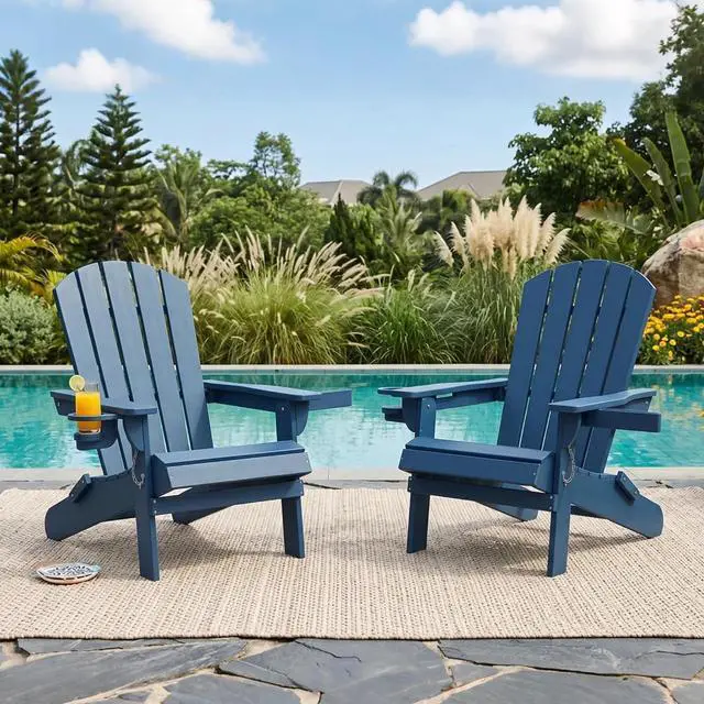 Main image of Folding Adirondack Chair Set of 2, Outdoor HDPE Fire Pit Chair, All-Weather Plastic Adirondack Chair with Cup Holder for Patio, Poolside, Deck, Garden, Navy Blue