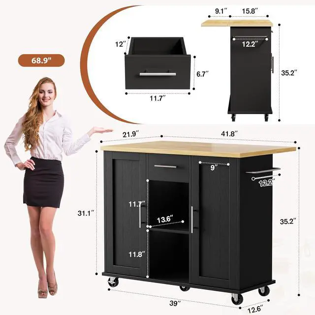 Alt view image 2 of 7 - JY QAQA 42" Kitchen Island with Storage on Wheels, Rolling Table with Drop Leaf, Drawers, Cart Handle for Towel Rack or Free Movement, Black