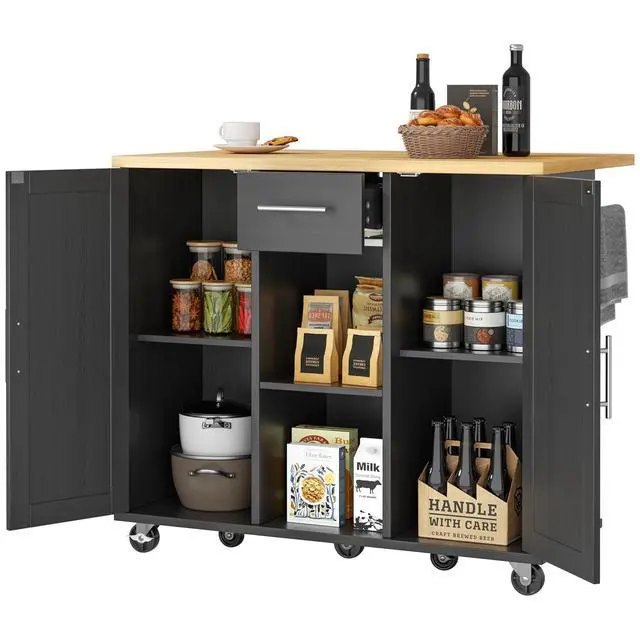 Alt view image 3 of 7 - JY QAQA 42" Kitchen Island with Storage on Wheels, Rolling Table with Drop Leaf, Drawers, Cart Handle for Towel Rack or Free Movement, Black