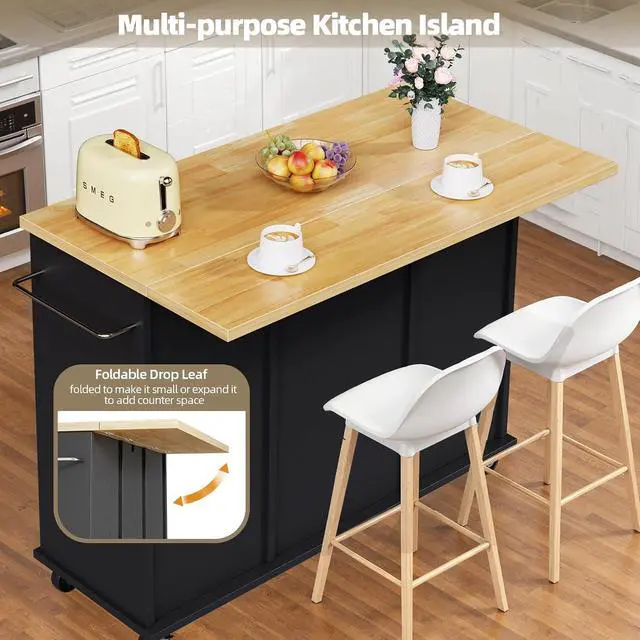 Alt view image 6 of 7 - JY QAQA 42" Kitchen Island with Storage on Wheels, Rolling Table with Drop Leaf, Drawers, Cart Handle for Towel Rack or Free Movement, Black