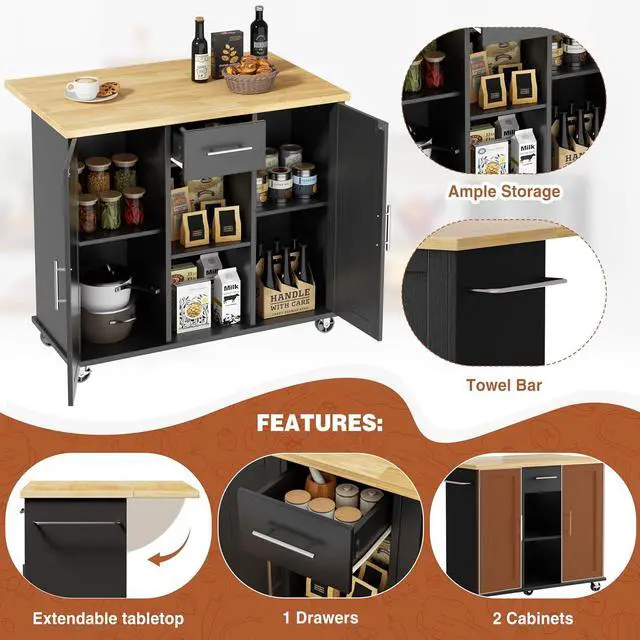 Alt view image 4 of 7 - JY QAQA 42" Kitchen Island with Storage on Wheels, Rolling Table with Drop Leaf, Drawers, Cart Handle for Towel Rack or Free Movement, Black