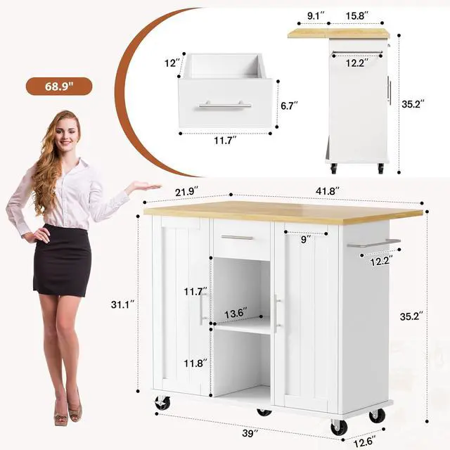 Alt view image 2 of 7 - JY QAQA 42" Kitchen Island with Storage on Wheels, Rolling Table with Drop Leaf, Drawers, Cart Handle for Towel Rack or Free Movement, White