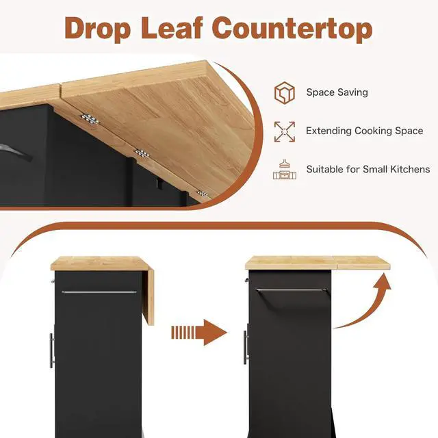 Alt view image 7 of 7 - JY QAQA 42" Kitchen Island with Storage on Wheels, Rolling Table with Drop Leaf, Drawers, Cart Handle for Towel Rack or Free Movement, Black