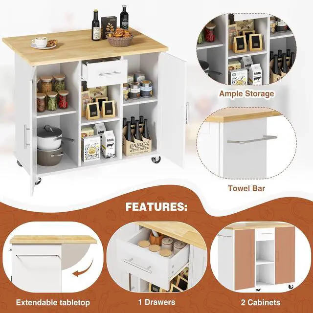 Alt view image 3 of 7 - JY QAQA 42" Kitchen Island with Storage on Wheels, Rolling Table with Drop Leaf, Drawers, Cart Handle for Towel Rack or Free Movement, White