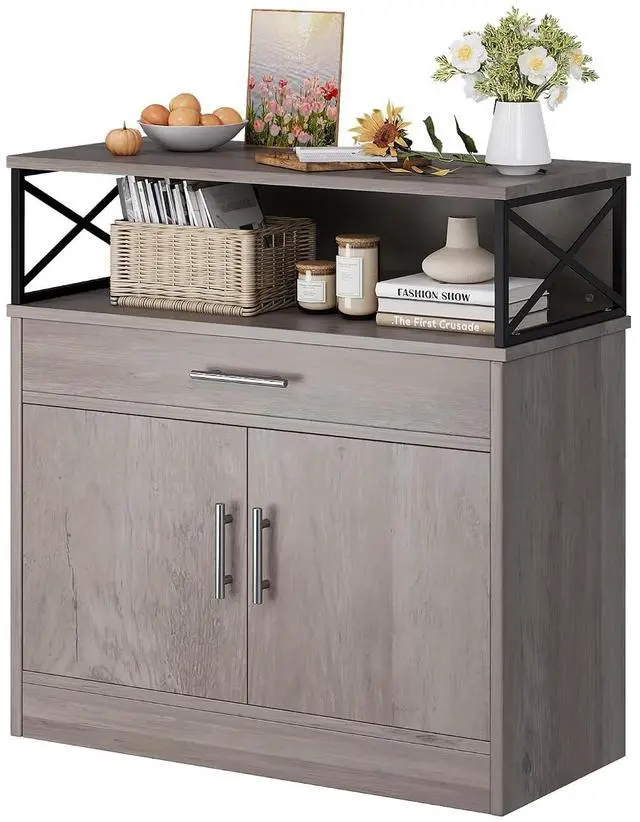 Main image of Farmhouse Coffee Bar Cabinet, Modern Sideboard Buffet Table with Adjustable Shelf, Storage Cabinet for Kitchen, Dining Room, Ash Grey