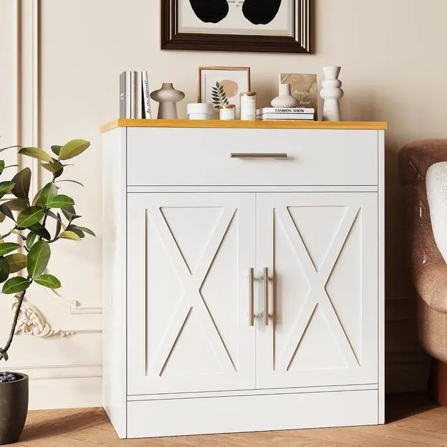 Alt view image 2 of 7 - Farmhouse Coffee Bar Cabinet, Small Sideboard Buffet with Storage, Modern Kitchen Storage Cabinet with 1 Drawer and 2 Doors for Kitchen, Dining Room, White
