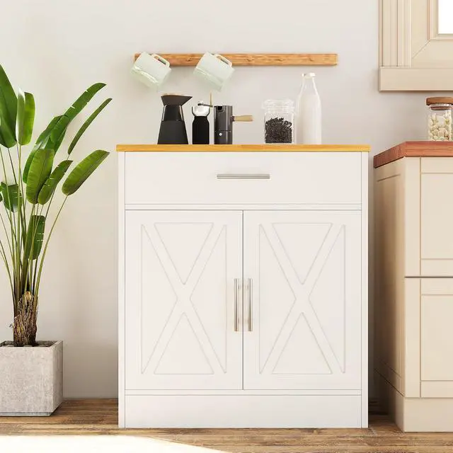 Alt view image 6 of 7 - Farmhouse Coffee Bar Cabinet, Small Sideboard Buffet with Storage, Modern Kitchen Storage Cabinet with 1 Drawer and 2 Doors for Kitchen, Dining Room, White