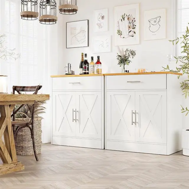 Alt view image 7 of 7 - Farmhouse Coffee Bar Cabinet, Small Sideboard Buffet with Storage, Modern Kitchen Storage Cabinet with 1 Drawer and 2 Doors for Kitchen, Dining Room, White